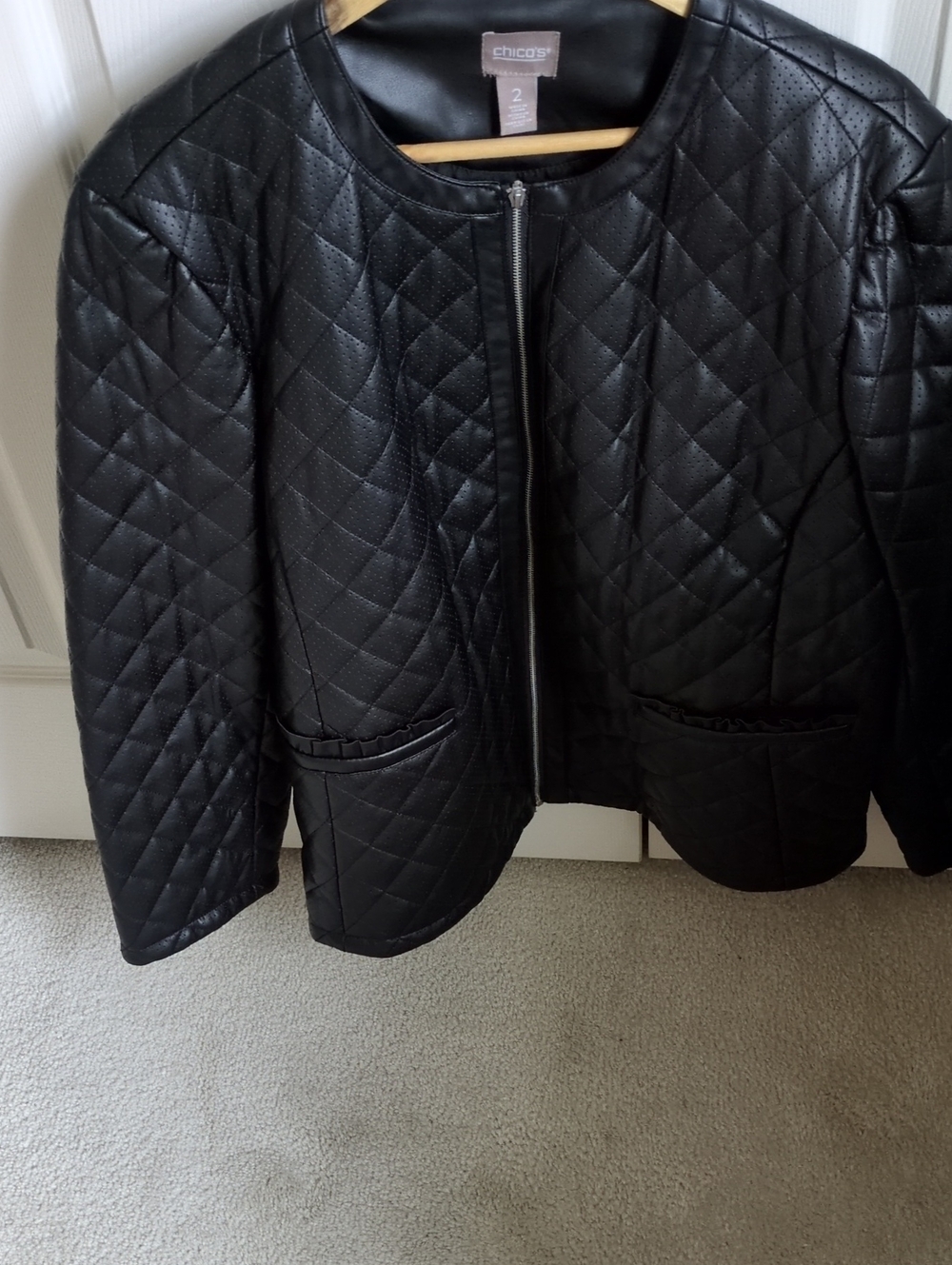 NWT - Chico's Black Quilted Faux-Leather Zip Jacket
